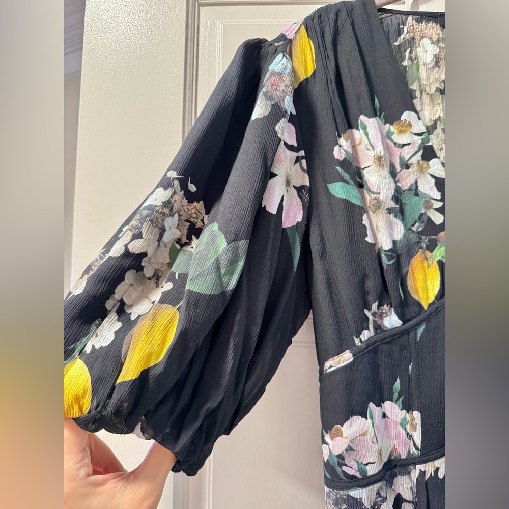 All Saints Black Floral Asymmetrical Dress with Yellow Accents - Picture 5 of 7